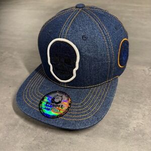 Pitbull Skull Skeleton Snapback Hat Blue Jean Denim Trucker Cap Punk Grunge Goth